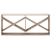 Cellar Smoke Gray & White Quartz Console Table with smoke gray oak base and white quartz top.