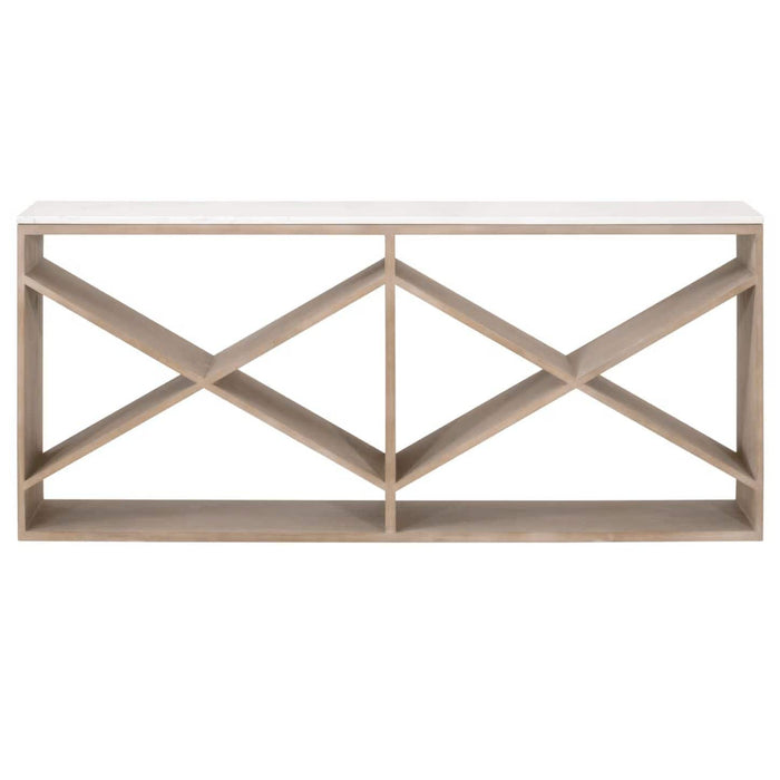 Cellar Smoke Gray & White Quartz Console Table with smoke gray oak base and white quartz top.