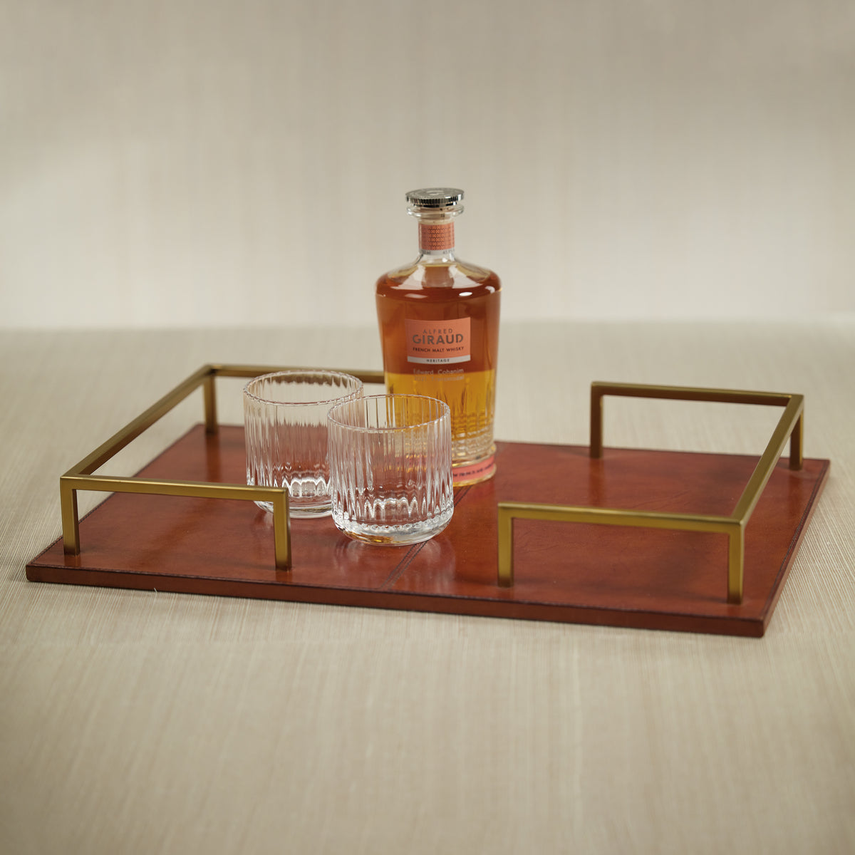Chadwell Long Leather Bar Tray - Tray Top View | Bone & Brass
