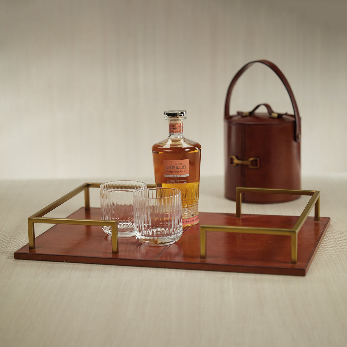 Chadwell Long Leather Bar Tray - Tray Side View | Bone & Brass