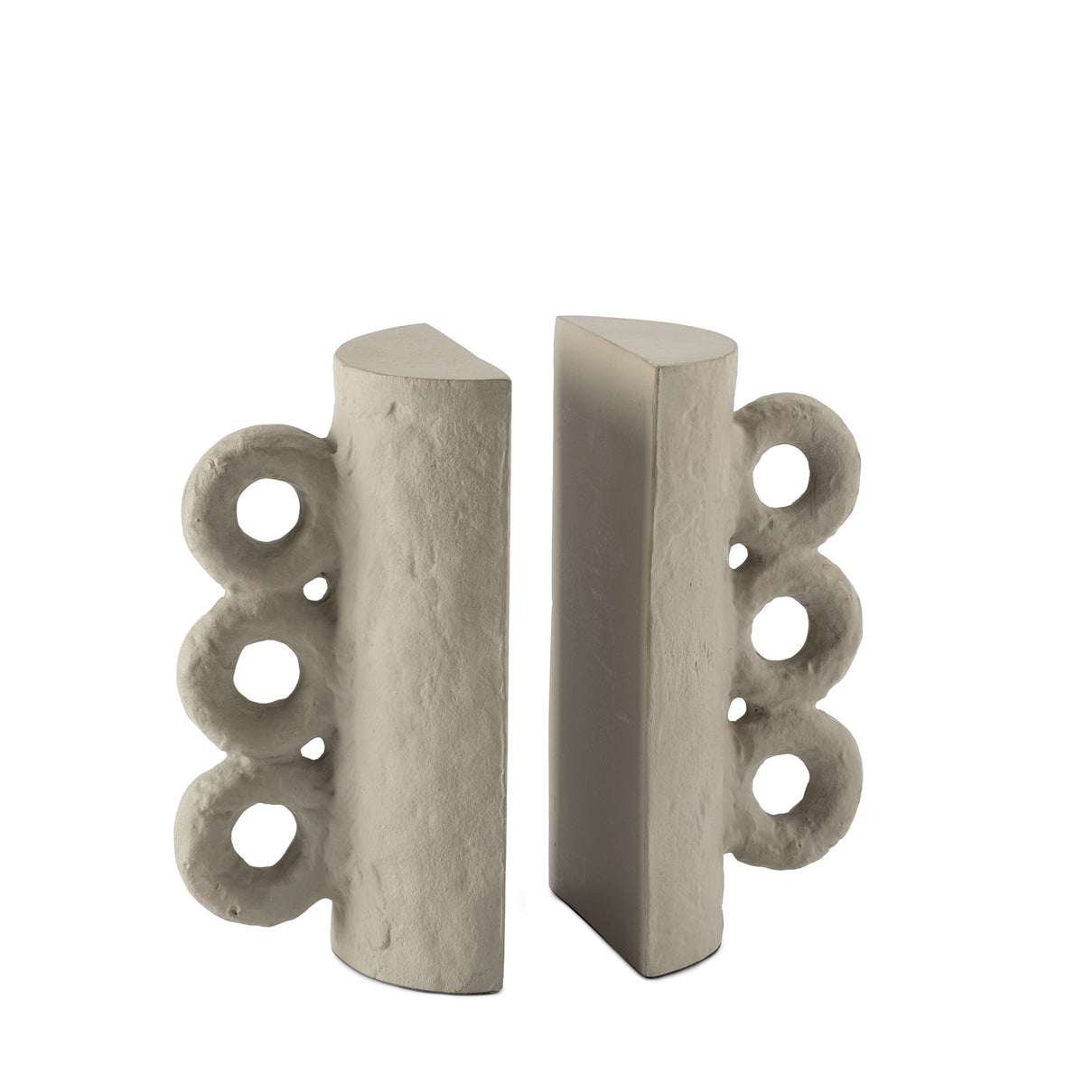 Chandra Bookend Set: matte brown/grey, textured, paper mache-inspired, with three side rings.