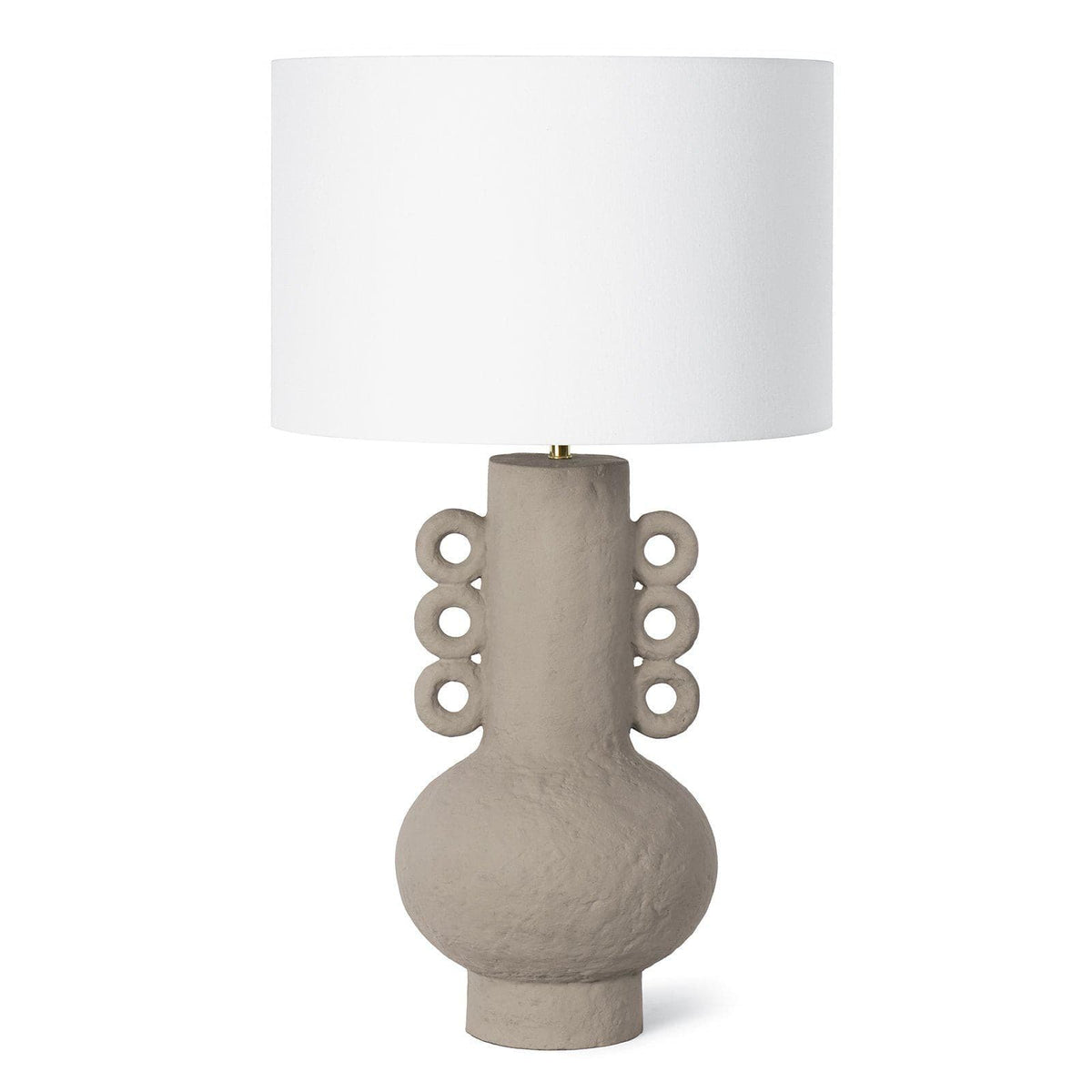 Chandra Metal Table Lamp with matte grey vase-like base, natural brass neck, and white linen drum shade.