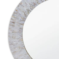 Round Chantal mirror with an iridescent ivory mother-of-pearl tiled frame.