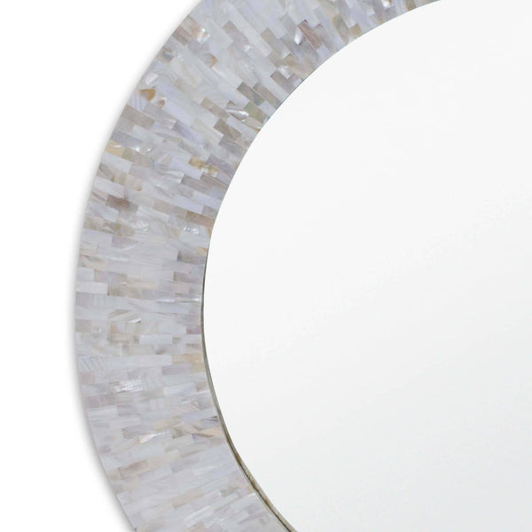 Round Chantal mirror with an iridescent ivory mother-of-pearl tiled frame.