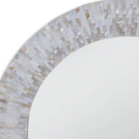 Round Chantal mirror with an iridescent ivory mother-of-pearl tiled frame, 36" diameter.