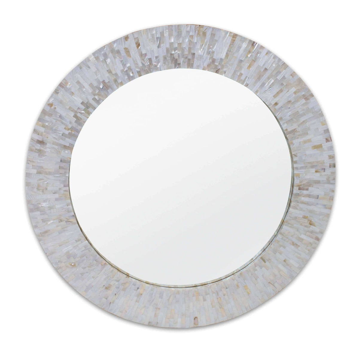 Round Chantal Mother Pearl Mirror with iridescent ivory mother-of-pearl edges.