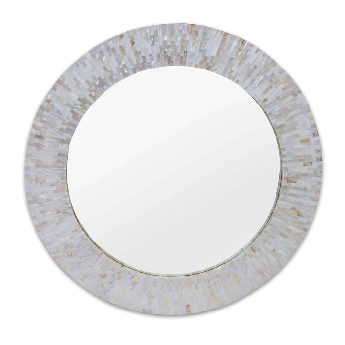 Round Chantal Mother Pearl Mirror with iridescent ivory mother-of-pearl edges.