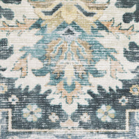 Close-up of a Charleston Blue & Ivory washable polyester rug with distressed traditional design.