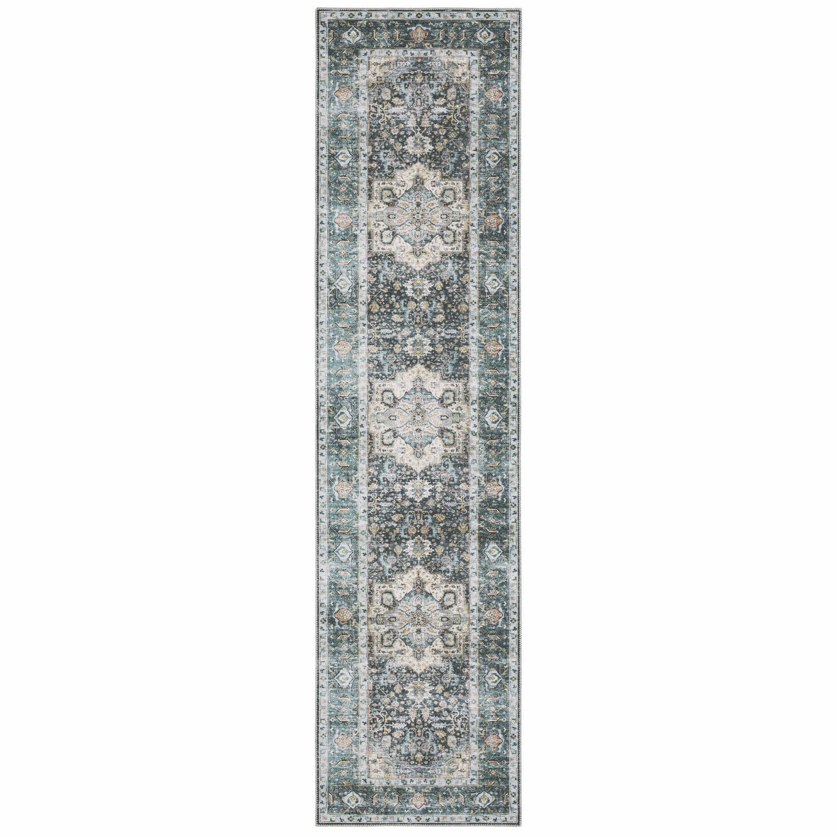 Charleston Blue & Ivory washable polyester runner rug with distressed traditional design and non-slip backing.