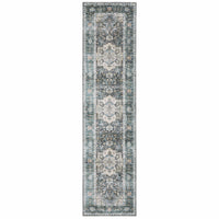 Charleston Blue & Ivory washable polyester runner rug with distressed traditional design and non-slip backing.