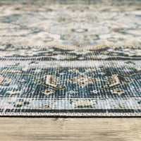Charleston Blue & Ivory washable polyester rug with distressed traditional design on a wood floor.