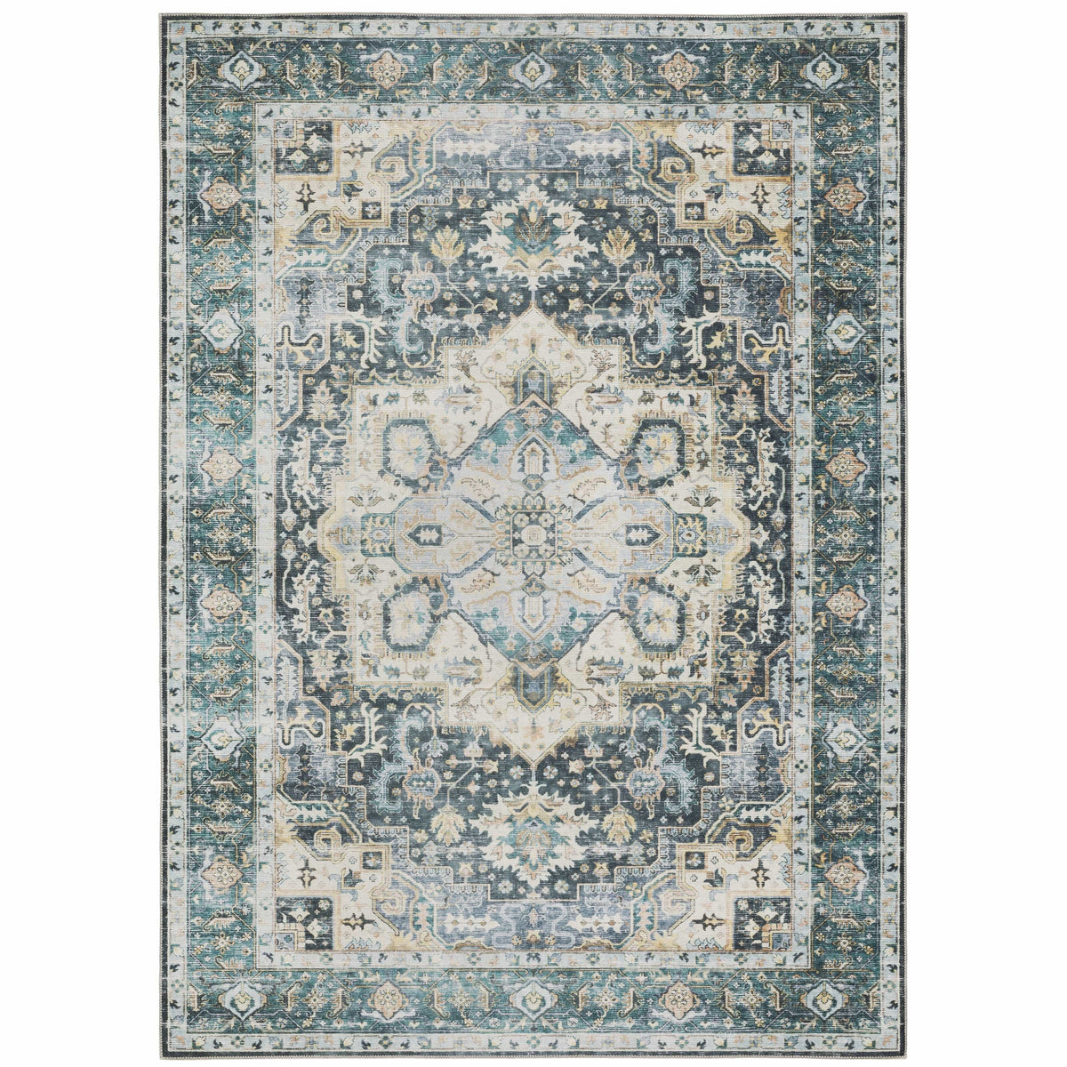 Charleston Blue & Ivory washable rug with distressed traditional design and intricate blanket stitch finish.