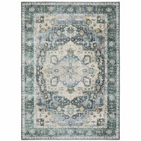 Charleston Blue & Ivory washable rug with distressed traditional design and intricate blanket stitch finish.