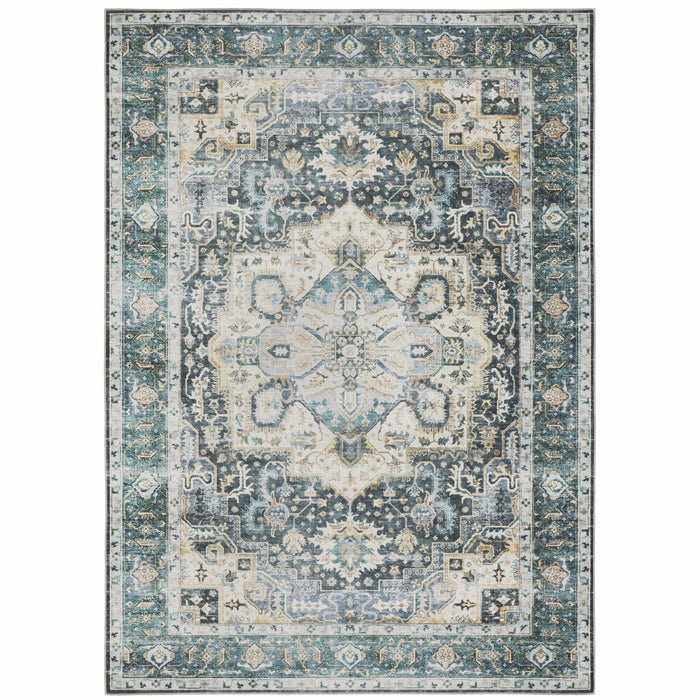 Charleston Blue & Ivory washable rug with distressed traditional design and intricate blanket stitch finish.