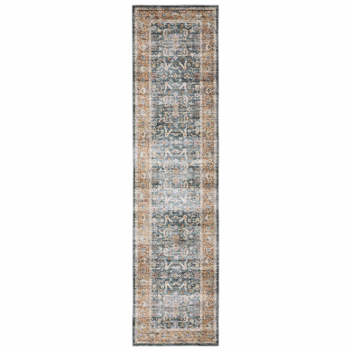 Charleston Blue & Rust washable polyester rug with distressed traditional patterns and a blanket stitch finish.