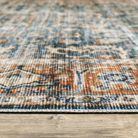 Charleston Blue & Rust washable polyester rug with distressed traditional patterns and a blanket stitch finish on wood floor.