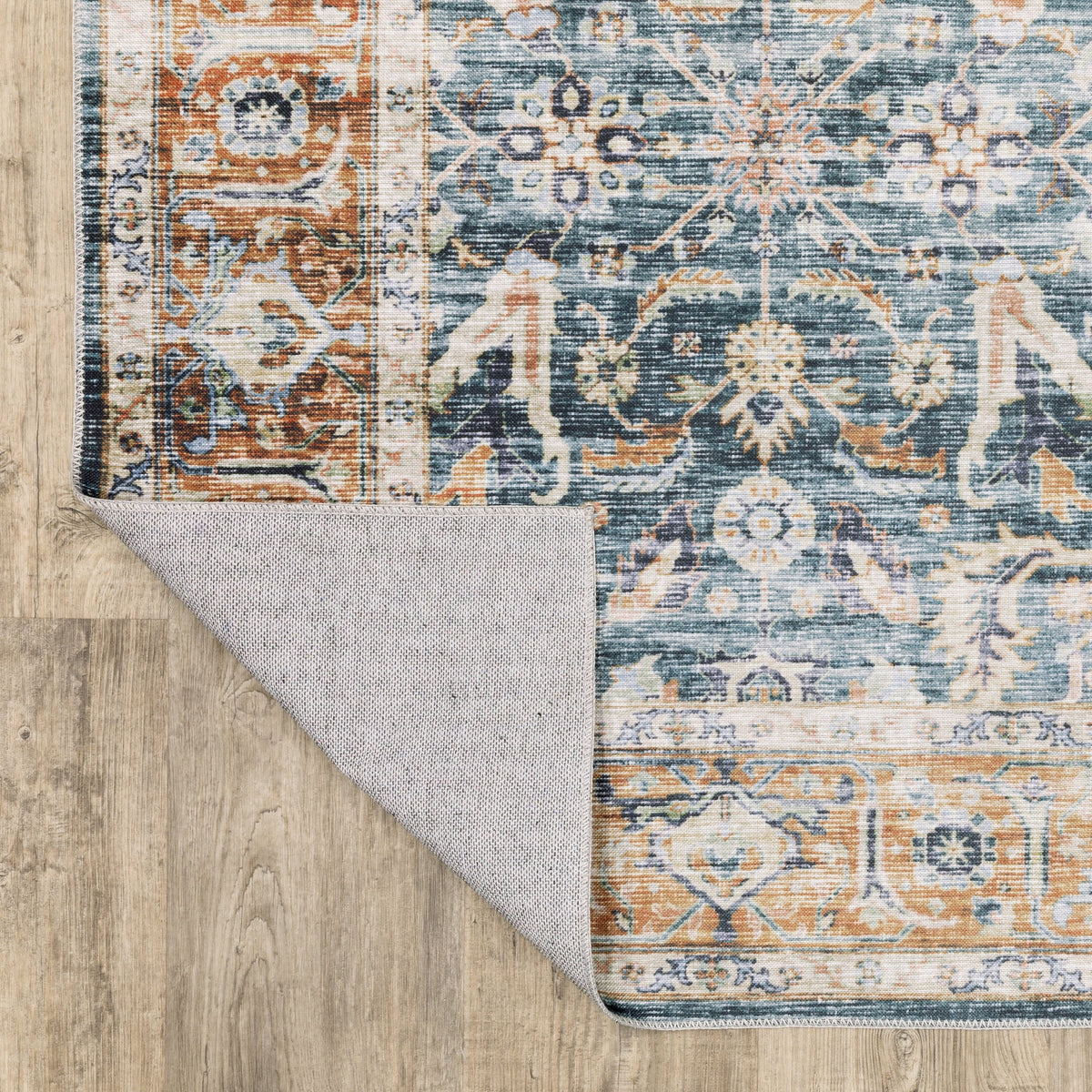 Charleston Blue & Rust washable rug with distressed traditional patterns, low-profile, and non-slip backing.
