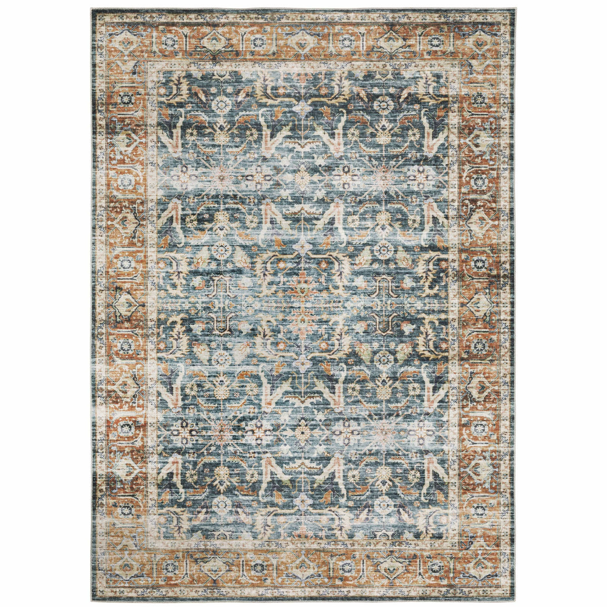 Charleston Blue & Rust washable rug with distressed traditional patterns and a blanket stitch finish.