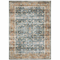 Charleston Blue & Rust washable rug with distressed traditional patterns and a blanket stitch finish.