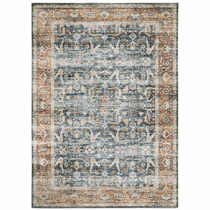 Charleston Blue & Rust washable rug with distressed traditional patterns and a blanket stitch finish.