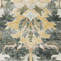 Close-up of a Charleston Charcoal & Gold Washable Rug, featuring distressed traditional patterns in gold, charcoal, and green.