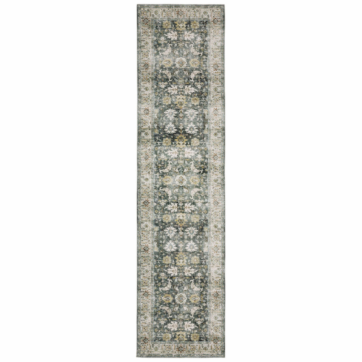 Charleston Charcoal & Gold washable runner rug with distressed traditional patterns and blanket stitch finish.