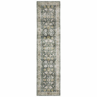 Charleston Charcoal & Gold washable runner rug with distressed traditional patterns and blanket stitch finish.