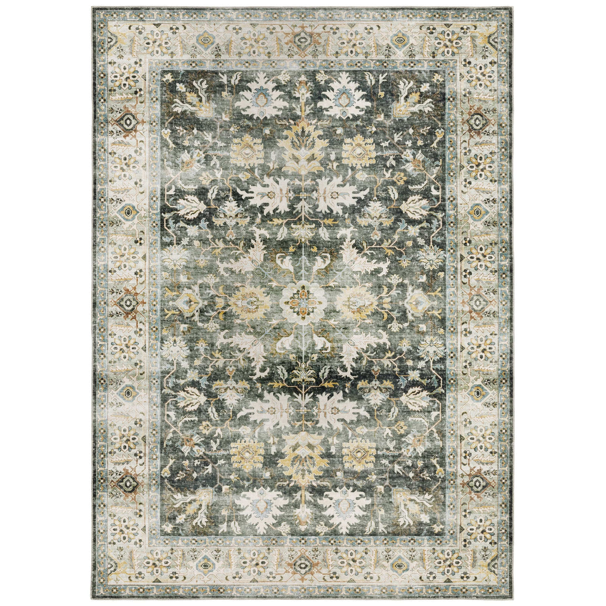 Charleston Charcoal & Gold Washable Rug with distressed traditional patterns and a detailed blanket stitch.