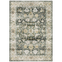 Charleston Charcoal & Gold Washable Rug with distressed traditional patterns and a detailed blanket stitch.