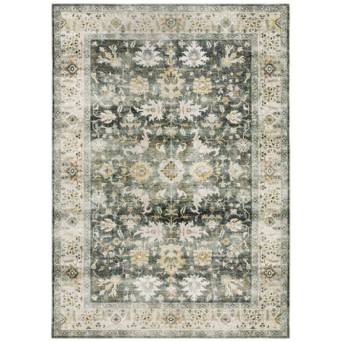 Charleston Charcoal & Gold Washable Rug with distressed traditional patterns and a detailed blanket stitch.