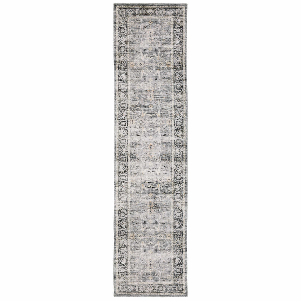 Charleston Charcoal & Grey washable runner rug with distressed traditional design and dark border.