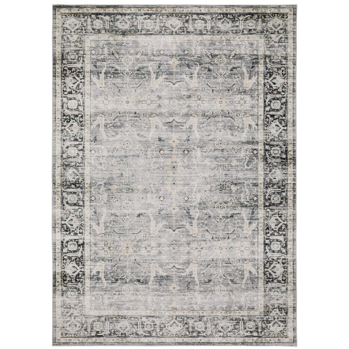 Charleston Charcoal & Grey Washable Rug with distressed traditional pattern and decorative border.
