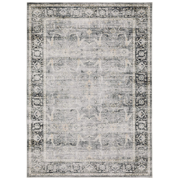 Charleston Charcoal & Grey Washable Rug with distressed traditional pattern and decorative border.