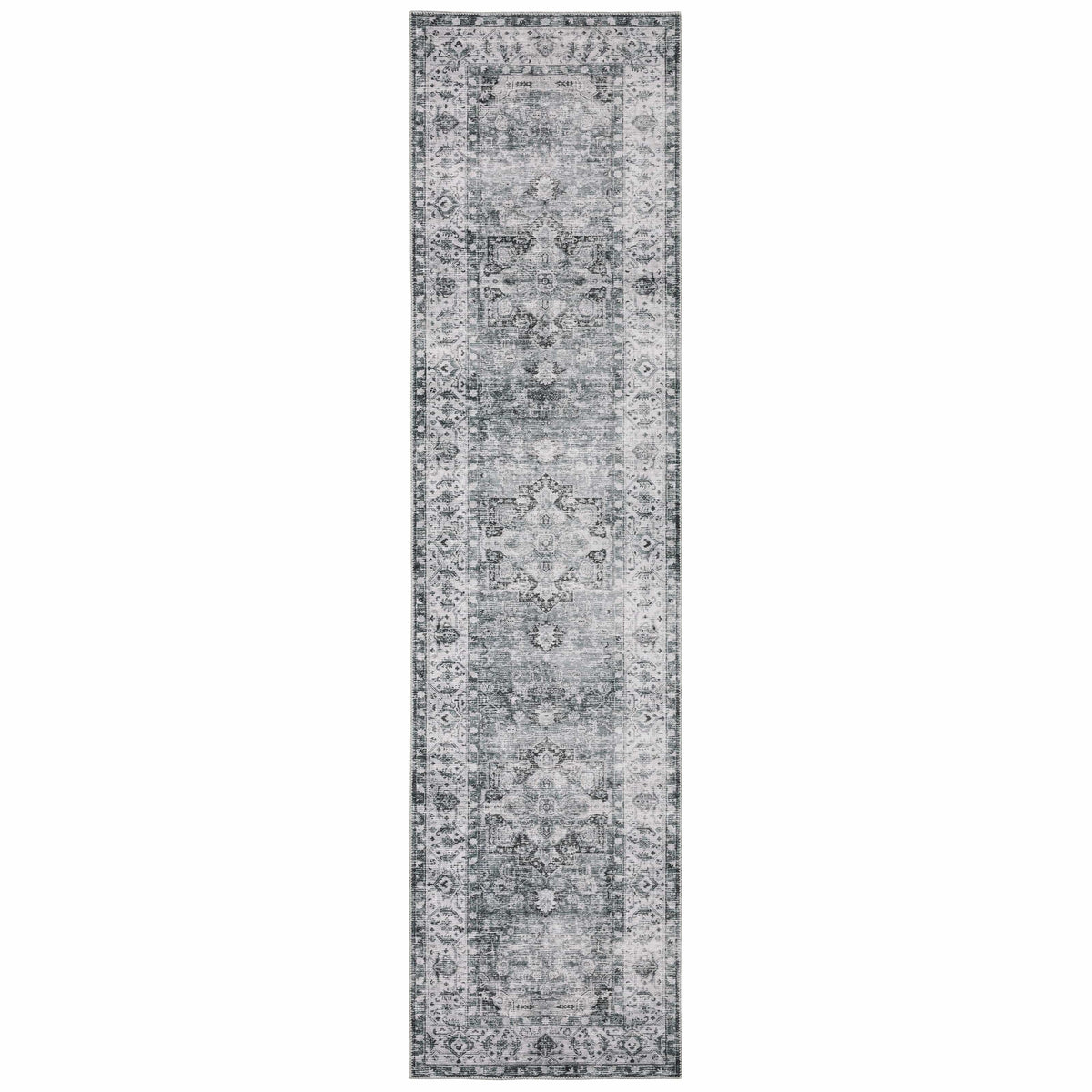 Charleston Charcoal & Ivory Washable Rug with distressed traditional patterns and low-profile design.