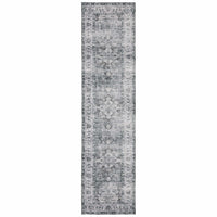 Charleston Charcoal & Ivory Washable Rug with distressed traditional patterns and low-profile design.
