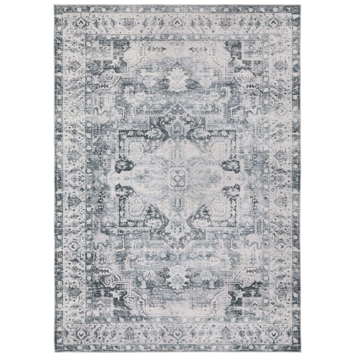 Charleston Charcoal & Ivory Washable Rug with distressed traditional patterns and a low-profile design.