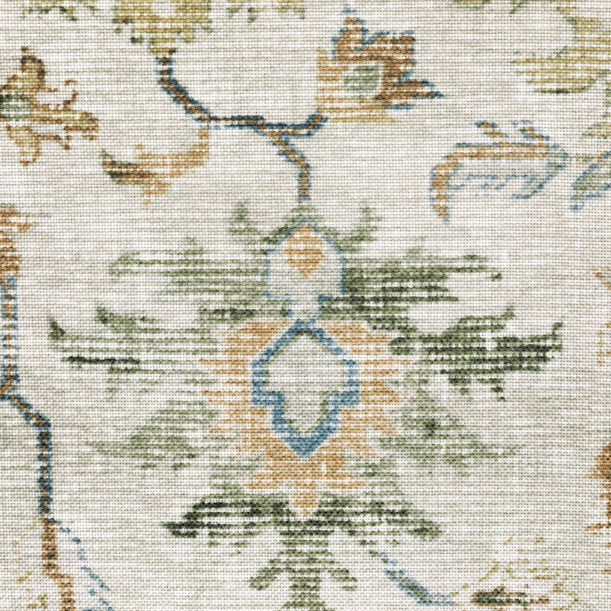 Close-up of a Charleston Ivory & Multi-Color Washable Rug with distressed traditional patterns.