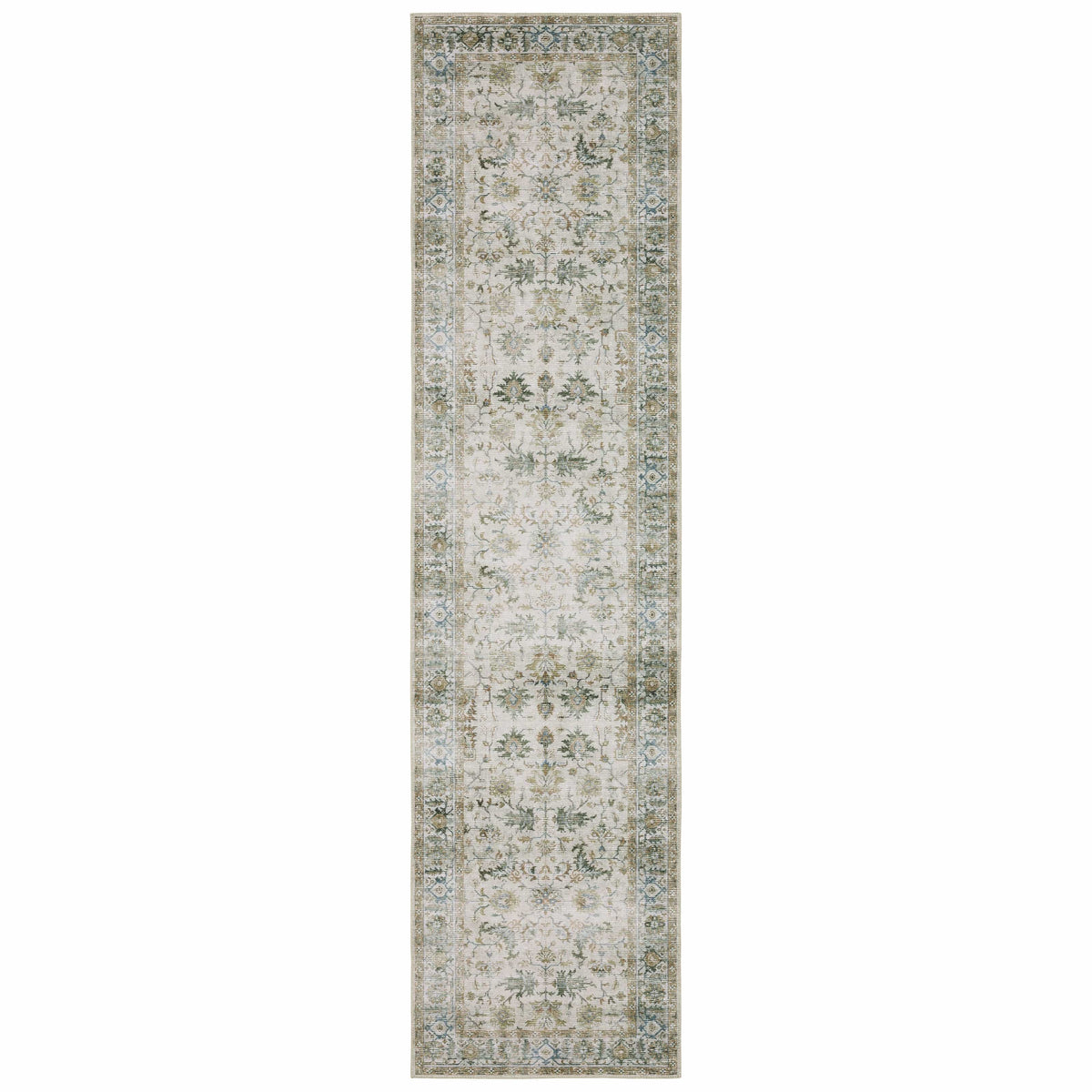 Charleston Ivory & Multi-Color Washable Rug, distressed traditional pattern, low-profile polyester runner.