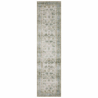 Charleston Ivory & Multi-Color Washable Rug, distressed traditional pattern, low-profile polyester runner.