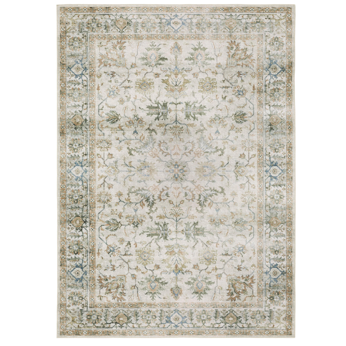 Charleston Ivory & Multi-Color Washable Rug with distressed traditional patterns and non-slip backing.