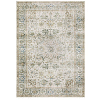 Charleston Ivory & Multi-Color Washable Rug with distressed traditional patterns and non-slip backing.