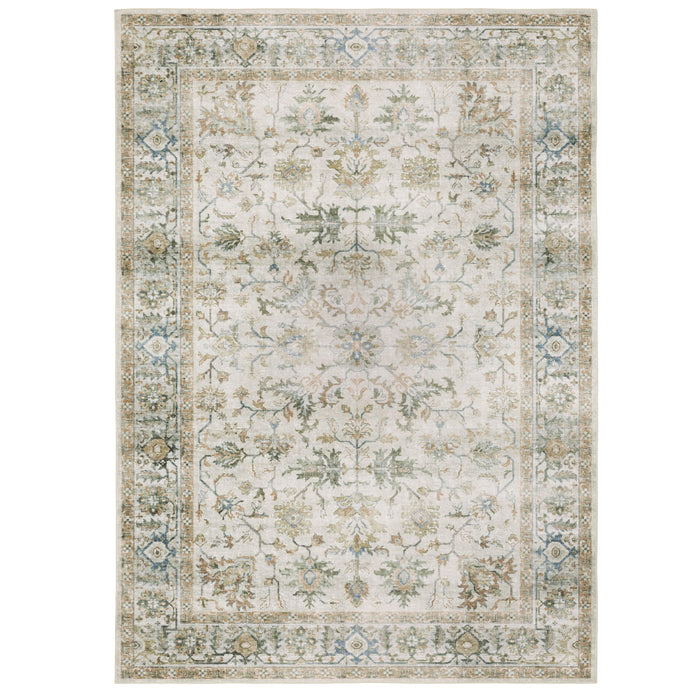 Charleston Ivory & Multi-Color Washable Rug with distressed traditional patterns and non-slip backing.
