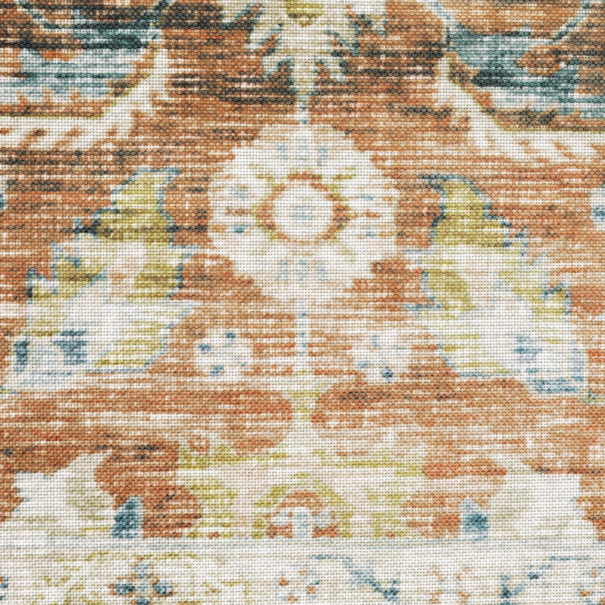 Close-up of a Charleston Rust & Blue washable polyester rug with distressed traditional patterns.