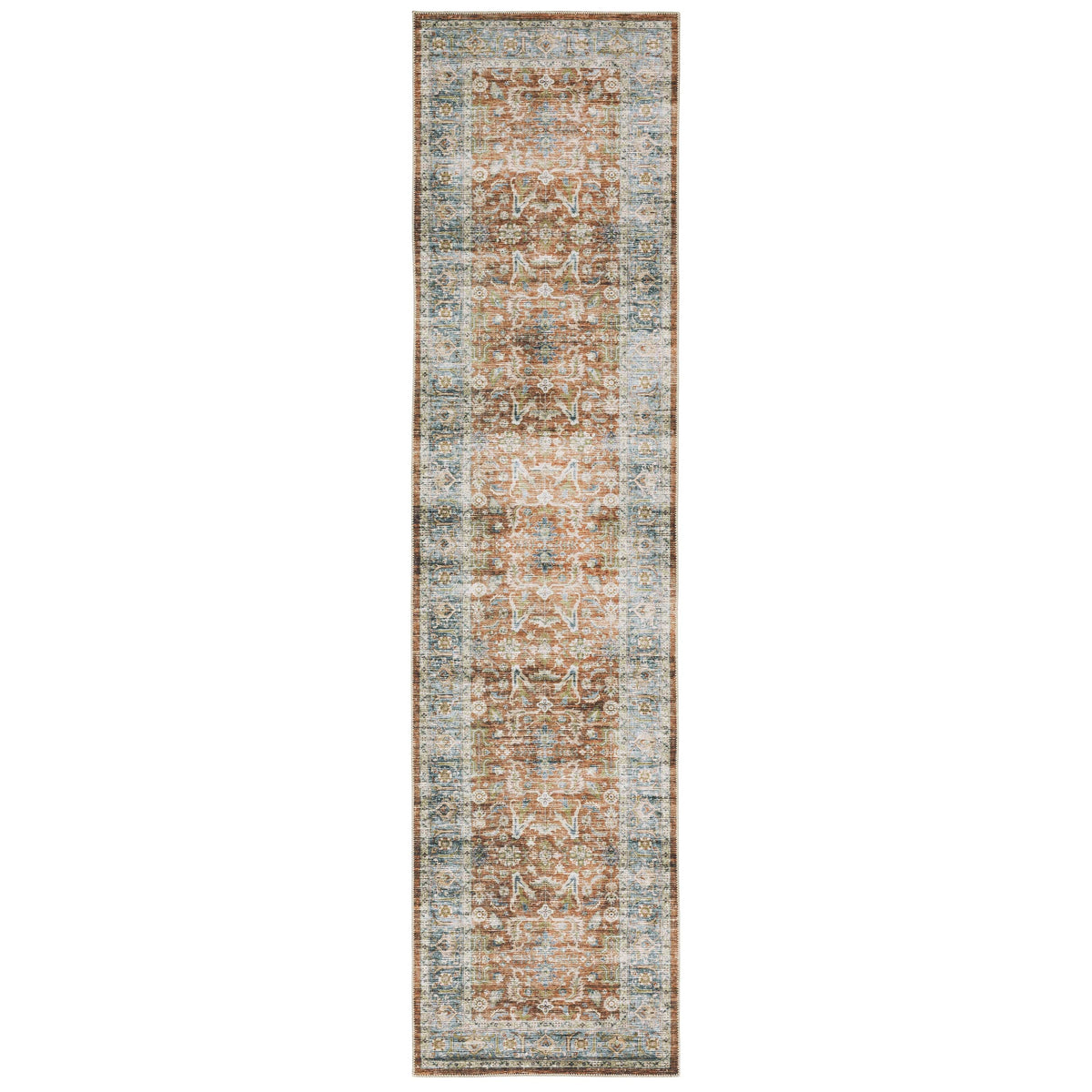 Charleston Rust & Blue washable polyester runner rug with distressed traditional patterns and non-slip backing.