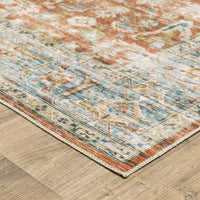 Charleston Rust & Blue washable polyester rug with distressed traditional patterns on a wood floor.