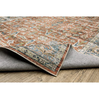 Charleston Rust & Blue washable polyester rug with distressed traditional patterns and non-slip backing on wood floor.