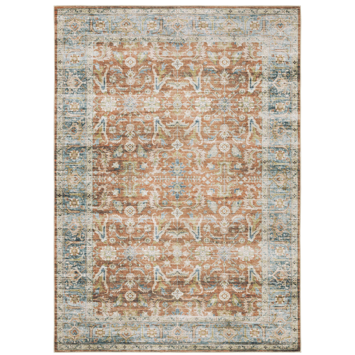 Charleston Rust & Blue Washable Rug with distressed traditional patterns and a blanket stitch finish.