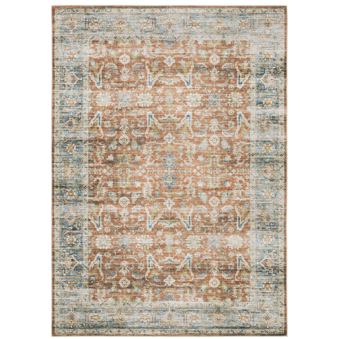 Charleston Rust & Blue Washable Rug with distressed traditional patterns and a blanket stitch finish.