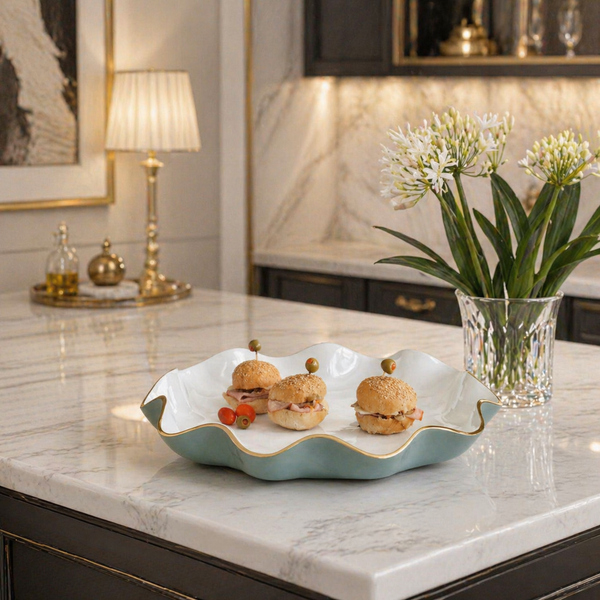 Encanto Turquoise, White & Gold Large Round Serving Platter