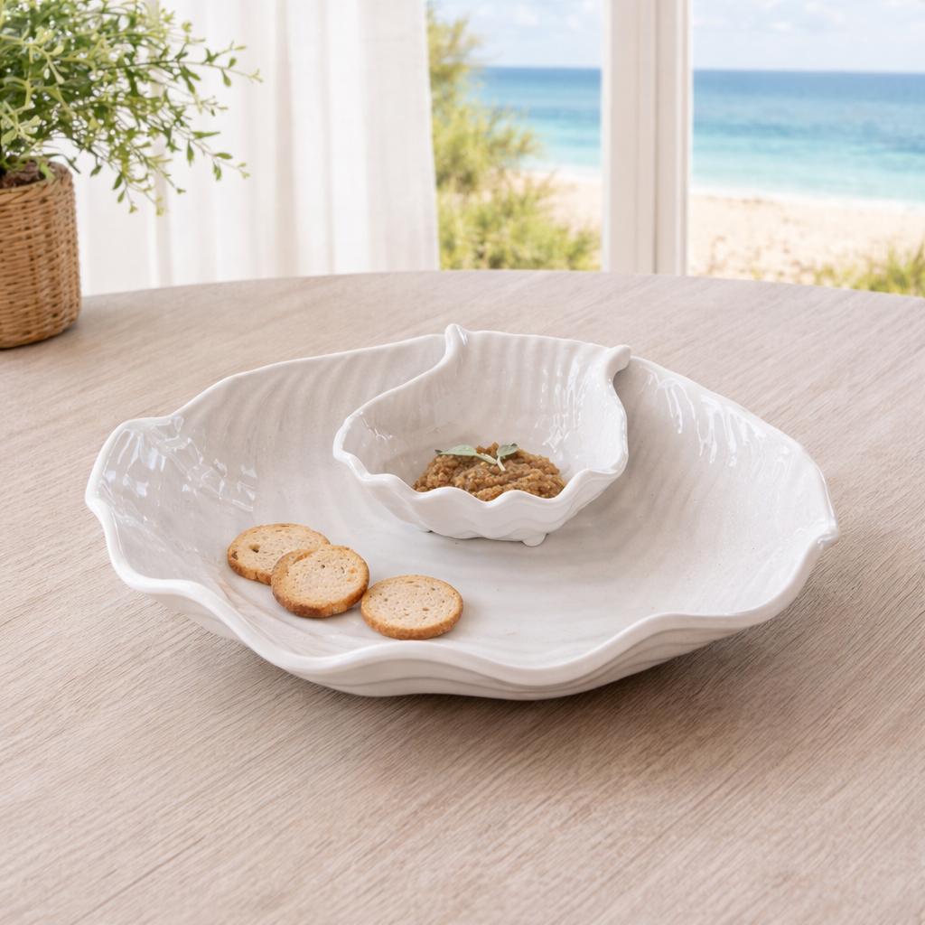 White Ocean Shell Chip & Dip Platter - Set Detail | Bone & Brass